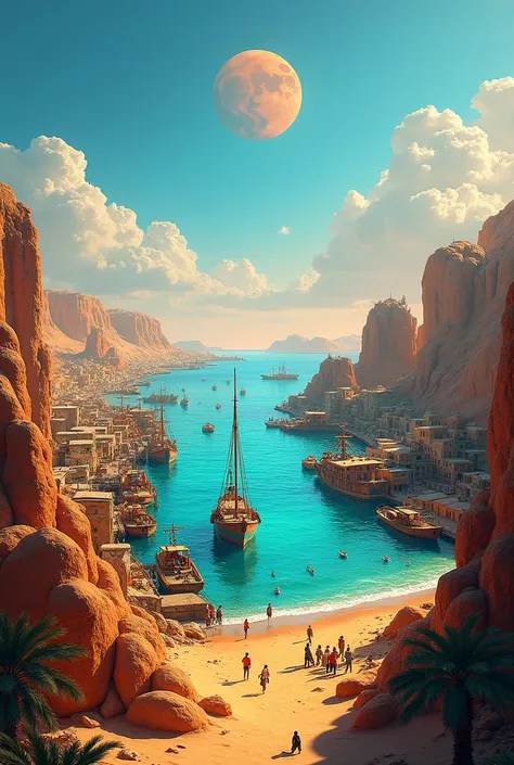  An image depicting a seaport, blue sky, desert coasts , bright sun