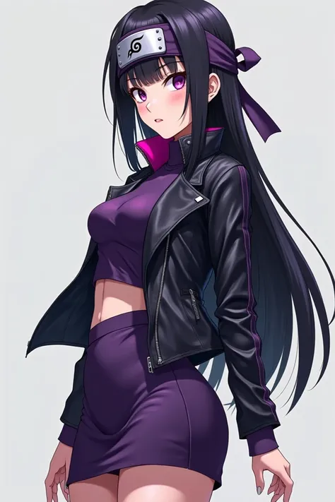  Womens anime style Naruto ,  light black long hair ,  completely straight and with bangs .  Light complexion color ,  pearlescent purple eyes ,  long eyelashes .  Two-piece clothing ,  a knee-length pencil skirt, showing off her curves. Top marked ,  and ...