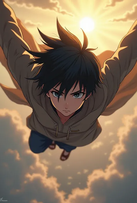  Anime boy with slightly pointed black hair, with a serious expression flying through the air 