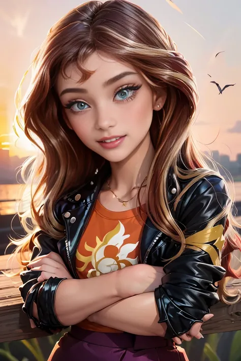 (masterpiece, The best quality:1.2), only, 1girl, mlpshimmer, Nice smile , make-up , Red lips , looking at the viewer, Crossed arms, small black jacket , Orange T-shirt , purple skirt , sunset shimmer , 21 years , beautiful teenage girl , Teenage model , t...