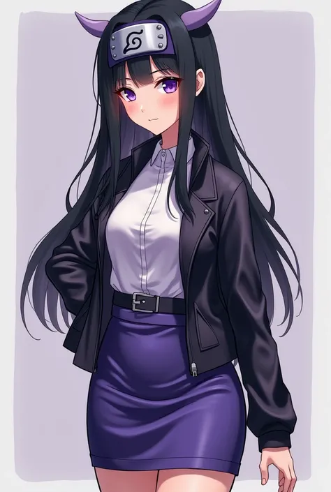  Womens anime style Naruto ,  light black long hair ,  completely straight and with bangs .  Light complexion color ,  pearlescent purple eyes ,  long eyelashes .  Two-piece clothing ,  a knee-length pencil skirt, showing off her curves. Top marked ,  and ...