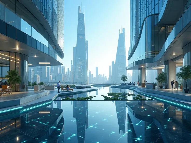 futuristic glass office on top of a digital skyscraper,  specialists offering breathtaking views of radiant ,  utopian city , without people