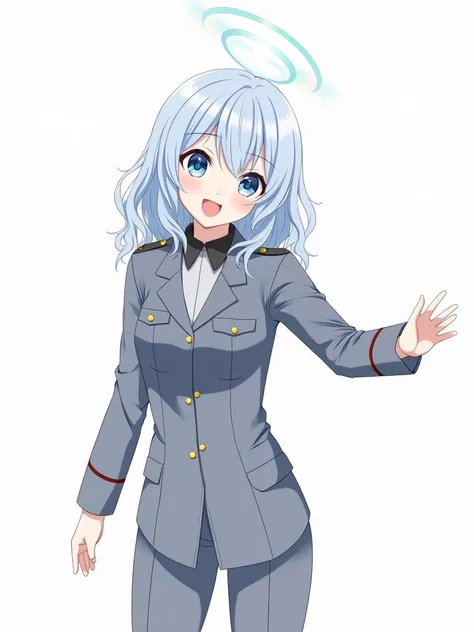 full body, 1 girl , (blue sliver hair,  shiny hair, Natural curls, Thick hair, half up, Ahoge,Sideburns, deco bangs),
break
 ( Bright Eyes ,  blue eyes), ( smiles),
break
 (small breasts,slender body),(toned legs),
(Petite), (pretty face),(Smooth cheeks , ...