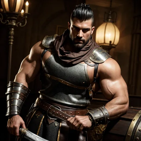 Masterpiece, High Quality, Best Quality, ultra quality, elegant, highly detailed , ultrarealistic , cinematic , male focus, solo focus, muscular, burly, male, (no shirt: 1.2) , a handsome, muscular man, Sexy Steampunk Style , Sexy male knight. Knight with ...