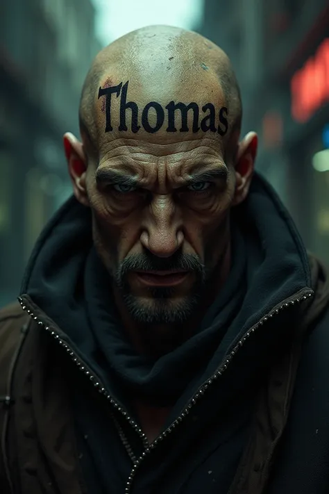 Make me a character with Thomas marked on his skull as a tattoo 
