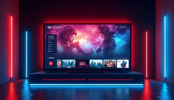 A full-screen landscape poster promoting the free streaming app OnStream as a Netflix alternative. The design features a glowing cinematic central screen showcasing a variety of trending movies and TV series in vibrant detail. The background is a sleek dar...