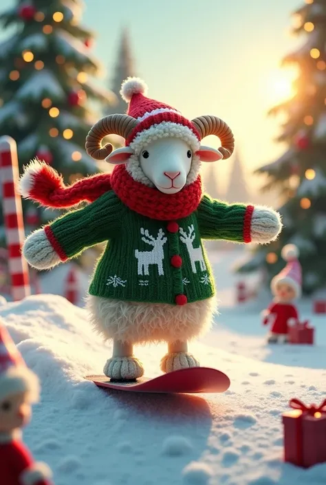 *"An anthropomorphic sheep with small, curved horns snowboards down a snow slope, performing an elegant and confident trick. He is dressed in the Christmas theme, wearing a fir green knitted wool jacket adorned with white reindeer motifs, complemented by a...