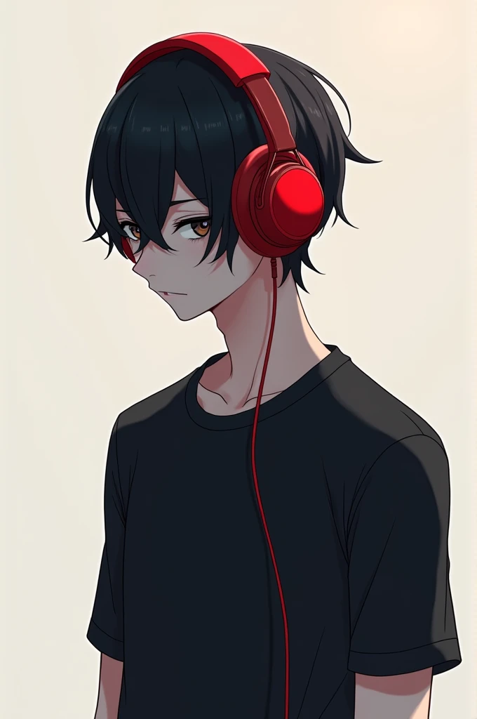 Headless male anime with red headphones black hair black shirt