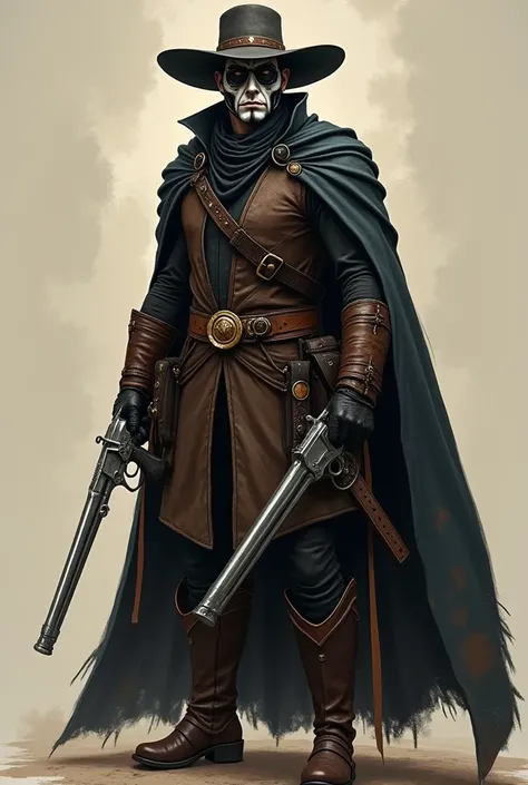 Imagine um personagem de rpg Dungeons and Dragons.  A man with a mysterious identity wearing a mask with black and white blends that look like spots on his face, Cowboy wearing a steam punk clothing style ,  with steam punk glasses from the 1800s,  robes t...