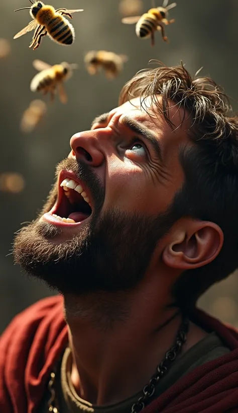 A close-up of a Roman soldiers terrified face as he looks up at a swarm of angry bees descending from above, cinematic focus, dramatic lighting, ultrarealistic.