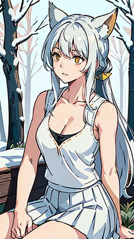 1girl,solo,medium breasts,mature female,((white sleeveless and shoulderless t-shirt,cleavage, white pleated skirt)),silver hair,long hair,yellow eyes,fox ears,((sitting in snow,in a Forest)),from front,looking away,cowboy shot,(((put up index finger)))