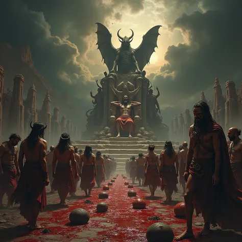 In a nightmarish and apocalyptic landscape, the earth is depicted as a realm of chaos and bloodshed. In the foreground, a group of deities and gods are seen, their faces twisted with greed and malevolence. Surrounding them, countless slaves carry the bodie...