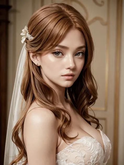 Top quality masterpiece of a photo shoot where a beautiful redheaded girl has brown eyes and long hair 、 wears a wedding dress in an elegant room、 face close-up 