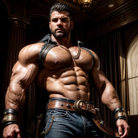 Masterpiece, High Quality, Best Quality, ultra quality, elegant, highly detailed , ultrarealistic , cinematic , male focus, solo focus, muscular, burly, male, (no shirt: 1.2) , a handsome, muscular man, Sexy Steampunk Style , Sexy male knight. Knight with ...