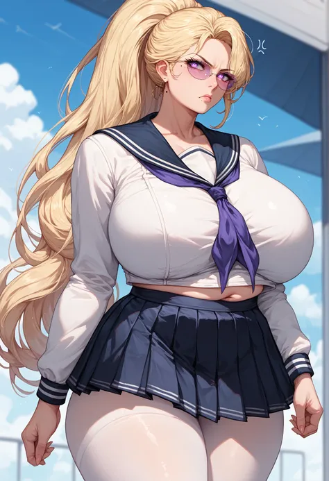 mixed_artwork style, (detailed eyes), (Mature woman), beautiful woman, huge breasts, (blonde long hair, ponytail), (sailor clothes, White tights, black pleated skirt), purple eyes, mole under eye, huge body, belly view, Annoyed look