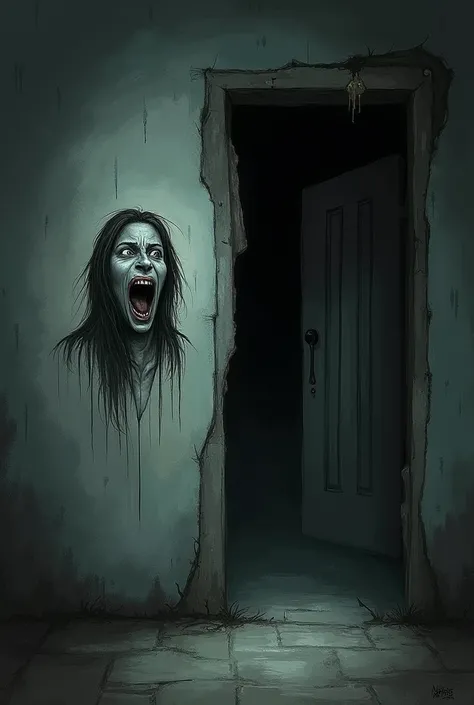 And behind the warped door, a new drawing appeared on the wall: a crude depiction of a woman screaming, trapped in the corner.