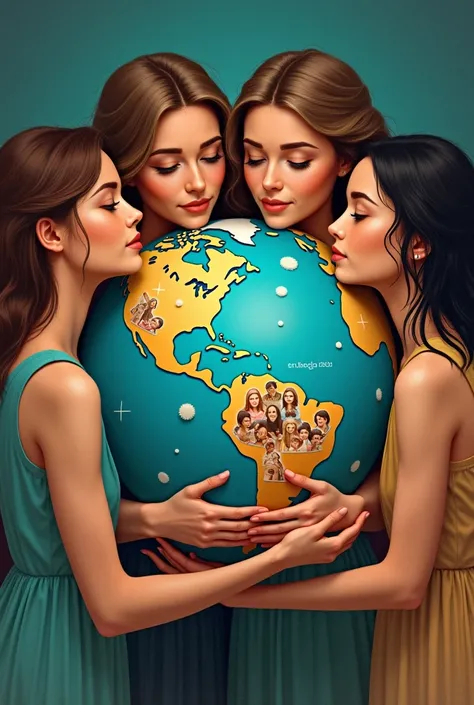  Illustration drawing of four women embracing planet Earth , Inside planet Earth there are many people  