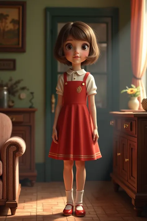 I want an image in the realistic infinity model 
From A 14-year-old teenage girl with short brown hair,   in a red dress with short white sleeves and a red shoe with white socks , with a curious appearance in a very beautiful old house with antique and rus...