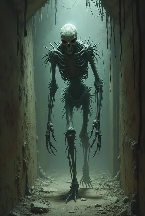 In a narrow, crumbling tunnel, a creature with skin that stretches too tightly over its bones moves with unnatural speed. Its legs, like branches of a dead tree, bend at odd angles as it hunts its prey. It pauses, sensing you, and its bulbous, lidless eyes...