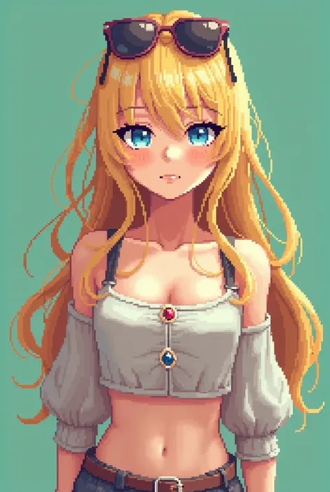 "Create a highly detailed pixel art illustration of a stunning anime-style girl. She has a fair complexion, long and wavy fiery red hair, and vibrant green eyes that exude confidence and charm. Her expression is playful, with a slight smirk that adds to he...