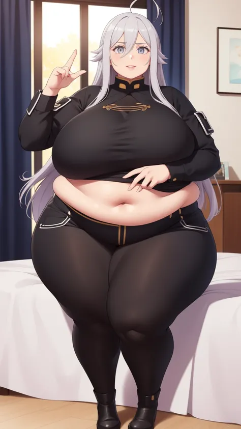 vladilenamilize, vladilena milize, (grey eyes:1.5),  grey hair, hair between eyes, long hair, ahoge,((best quality)),((highly detailed))
BREAK masterpiece, highres, 1girl, black tshirt, jeans
BREAK looking at viewer,  smile, laying on bed
BREAK indoors, cl...