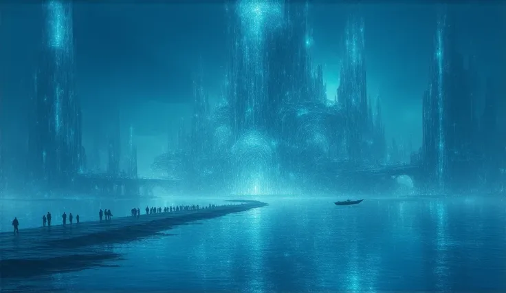 "Create a breathtaking underwater sci-fi movie scene in matte digital painting, depicting a vast and intricate underwater universe bathed in soft bluish tones where an amazing stunning and translucent underwater city enters the scene, casting a beautiful a...