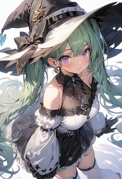 (masterpiece),(best quality),(ultra-detailed),(best illustration),(best shadow),(detailed background), 1girl, solo, hat, gloves, thighhighs, witch-hat, long-hair, black-gloves, green-hair, simple-background, belt, white-thighhighs, twintails, purple-eyes, ...