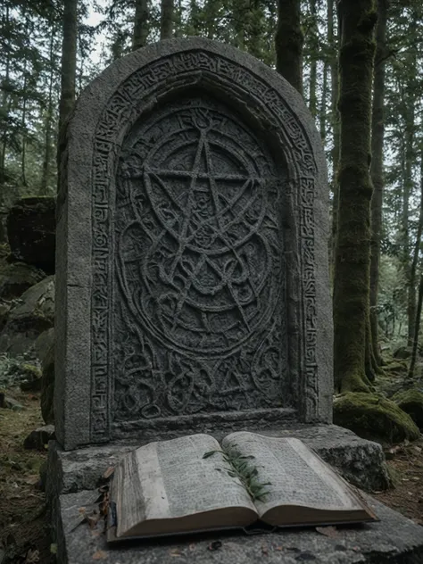 The book lies on a stone altar, Satanic symbols are carved on the altar, around the book.