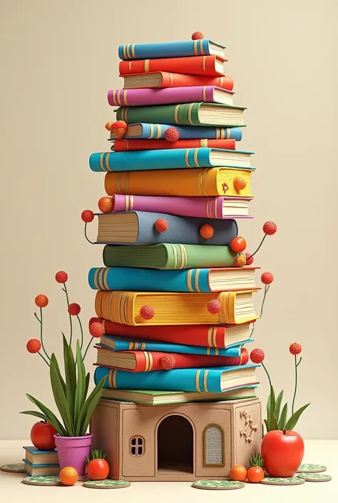 creates image with many books stacked together. as if it were a cardboard and colorful library.