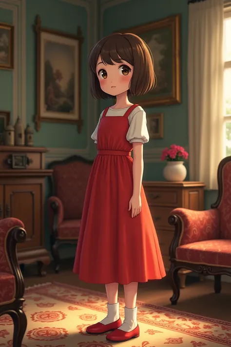 I want an image on the Realisian model
From A 14-year-old teenage girl with short brown hair,   with a red dress with short white sleeves and a red shoe with white socks, with a curious appearance in a very beautiful old house with antique and rustic furni...