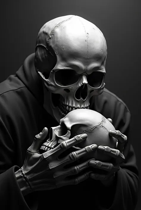 A skull of a man clutching a boys skull in black and white 