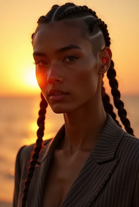 beautiful  young  caucascian man model, extreme low angle shot::4 very long sleek superb braids with shaved sides, natural lips, perfect  textured skin,  pattern suit , sunset lighting, light leaks across face::3 close-up, cinematic, extraordinary beauty, ...