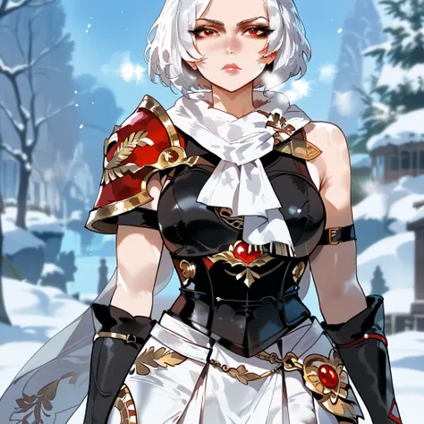 Short white hair, crimson red sharp eyes, white and smooth skin, buff and tall build, beautiful and gorgeous, neat  hourglass figure, medium bust, furred white scarf, sleeveless white top, white trousers, white boots, white greek armour skirt, winter backg...