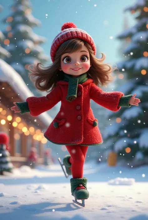     cute skating on ice while snow falls  ,  has snow-covered trees and Christmas lights  ,  she has voluminous wavy hair big eyes bright brown,  wears red wool clothing with green details , She wears a hat and hat , 3d pixar Disney png 300dpi render