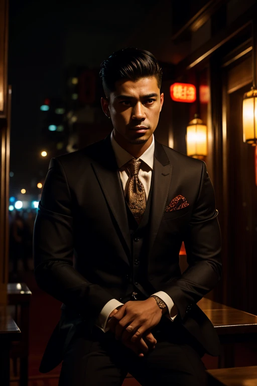 a well-dressed latino man, sitting at a table, looking dejected, watching his chinese boyfriend leave the nightclub with another man, dramatic lighting, melancholic mood, cinematic composition, realistic details, intricate textures, rich colors, high quali...