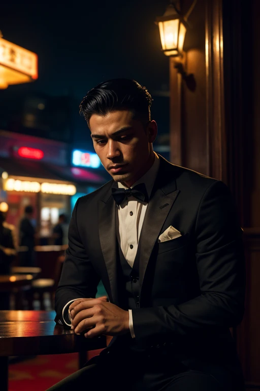 a well-dressed latino man, sitting at a table, looking dejected, watching his chinese boyfriend leave the nightclub with another man, dramatic lighting, melancholic mood, cinematic composition, realistic details, intricate textures, rich colors, high quali...