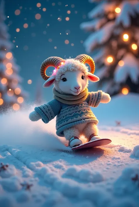 An adorable and ultra-cute anthropomorphic sheep hurtles down a snowy slope on a snowboard, at night, under a starry sky. The sheep wears a festive and enchanting ensemble: a wool sweater embroidered with shimmering silver and blue winter patterns, with a ...