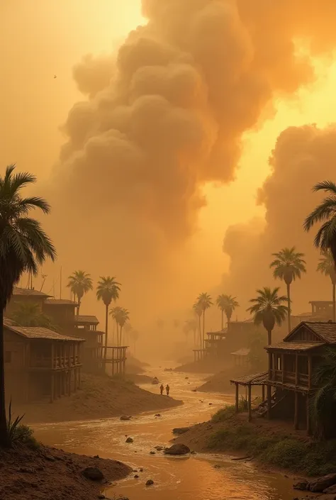 Create the image of a sandstorm attacking a town full of rivers and plants an abandoned town