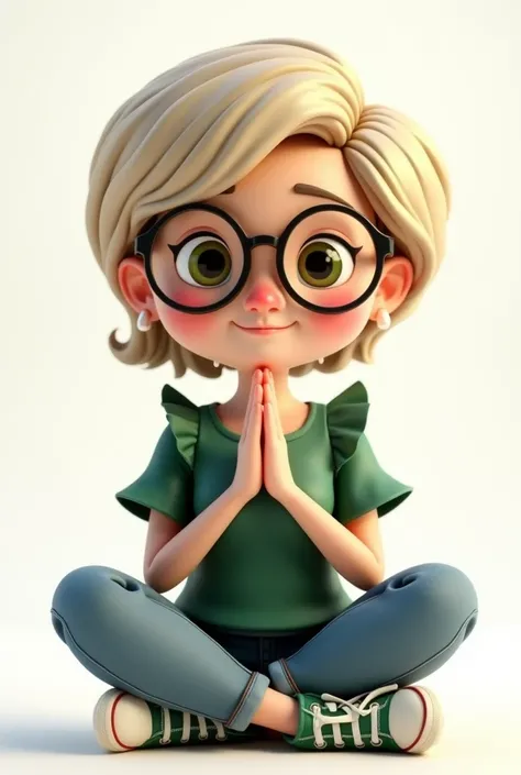 Cartoon characters of a 45 year old Indonesian woman, modern short blonde hair, small pearl earring green eyes, wearing glasses, fair skin, green blouse with ruffles on the sleeves, modern jeans, all star sneakers, smiling, sitting legs crossed, with hands...