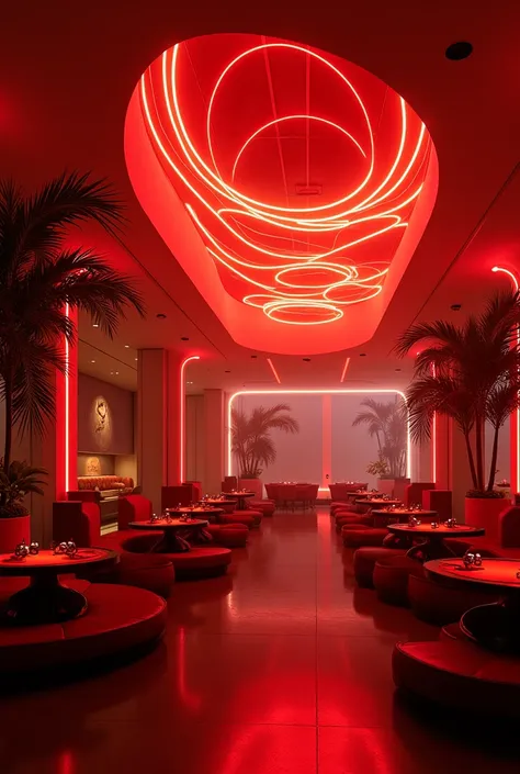 Futuristic night club, luxurious, unique ceiling design, ambient lighting, realistic, one story building, warm red color palette 