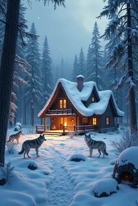 House, Snow-covered forest, wolves , the fireplace is burning in the house ,  near the bear house, view from outside