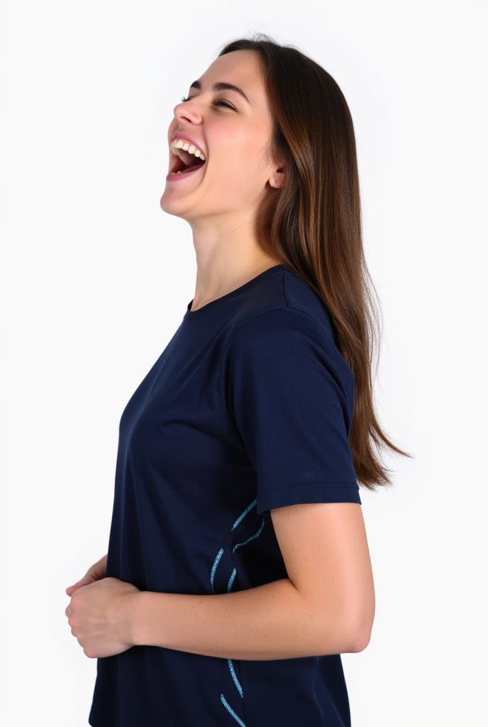 
" A beautiful woman seen full body from afar , with her half-visible torso .  She wears a navy blue sports t-shirt with decorative lines on the sides.  Her expression is one of intense joy as she screams with happiness ,  transmitting enthusiasm and energ...