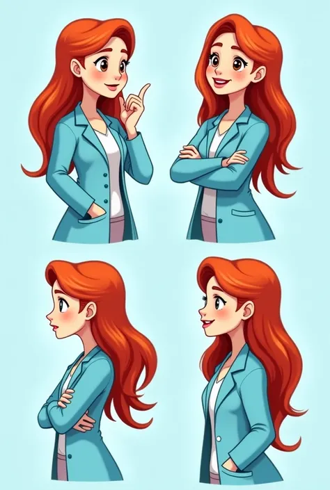  A set of 4 cartoon-style illustrations depicting a ren (Caucasian woman with long red hair in different poses and expressions, wearing a blue lab coat like a doctor. The background is a light blue color)