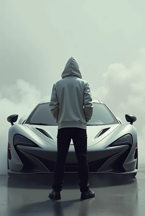 Generate the image of a white hoodie man standing in front of the sports car with hands inside the hoodie pockets and face towards the car with smokie effect from the car  and face towards the car in square ratio