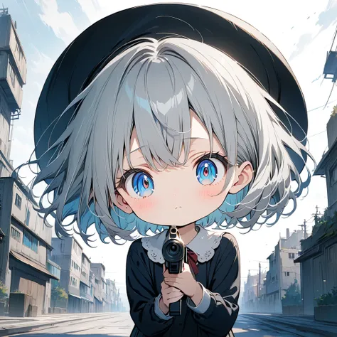 Masterpiece, high quality, detailed background, anime, petite, full body, beautiful face, long eyelashes, pale, blue eyes, thin legs, gray hair, black tights, slit eyes, holding gun, big eyes, near future, science fiction, anxious face