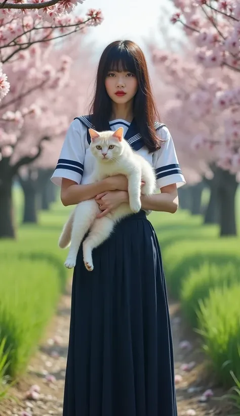 documentary photo, realistic, dramatic scene, very beautiful Japanese high school girl, teenage famous beautiful Japanese idol, cute woman, beautiful white transparent skin, (wearing a Japanese high school sailor uniform with very long dark navy skirt:1.2)...