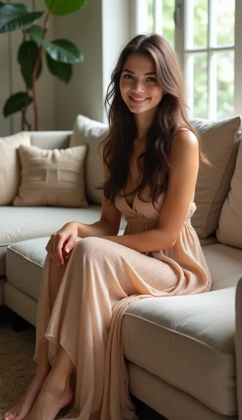 Photorealistic, young woman, long brunette hair, brightly smiling, no makeup, looking down, wearing long sexy gown, barefoot, sitting on sofa in living room, inside a brightly lit modern living room