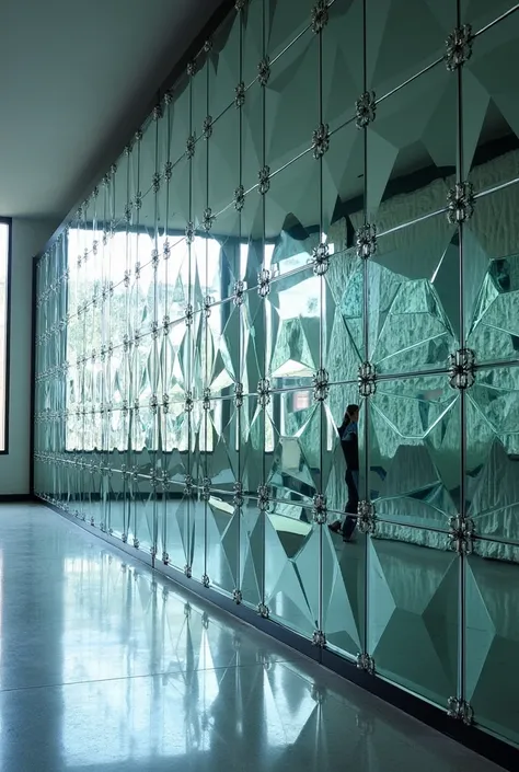 Glass mirror wall consisting of connected beveled mirrors each measuring 2square feet placed side by side without any gaps