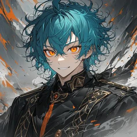 1 boy, Turquoise hair, orange eyes, black cloth, handsome, wearing uniform, orange eye liner, smiling, detailed, young boy, ahoge, messy hair, very messy hair, short hair