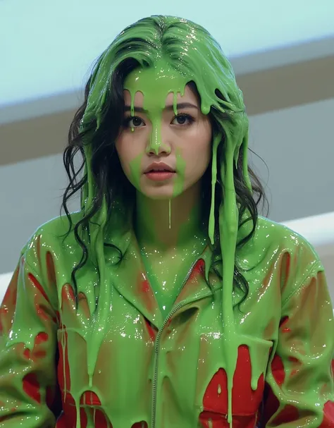 Cinematic photograph of Japanese woman covered in green slime. hyper-realistic style. Long fake eyelashes. Dripping green goo. 8k. Photorealistic. Glistening liquid. Green slime. Raw photo. Japanese Instagram influencer. Japanese model. (Japanese girl: 1.1...